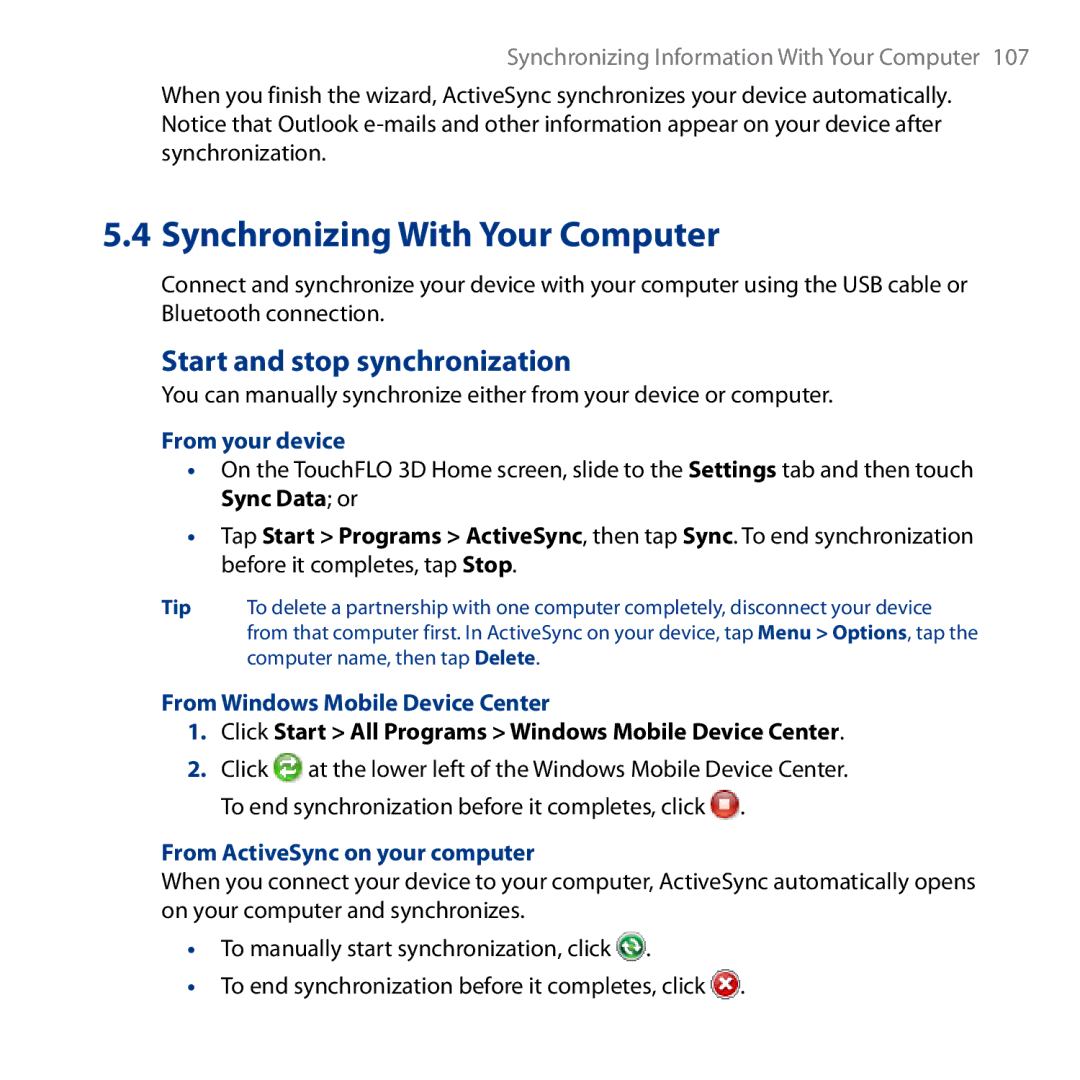 HTC HD user manual Start and stop synchronization, From your device, From Windows Mobile Device Center 