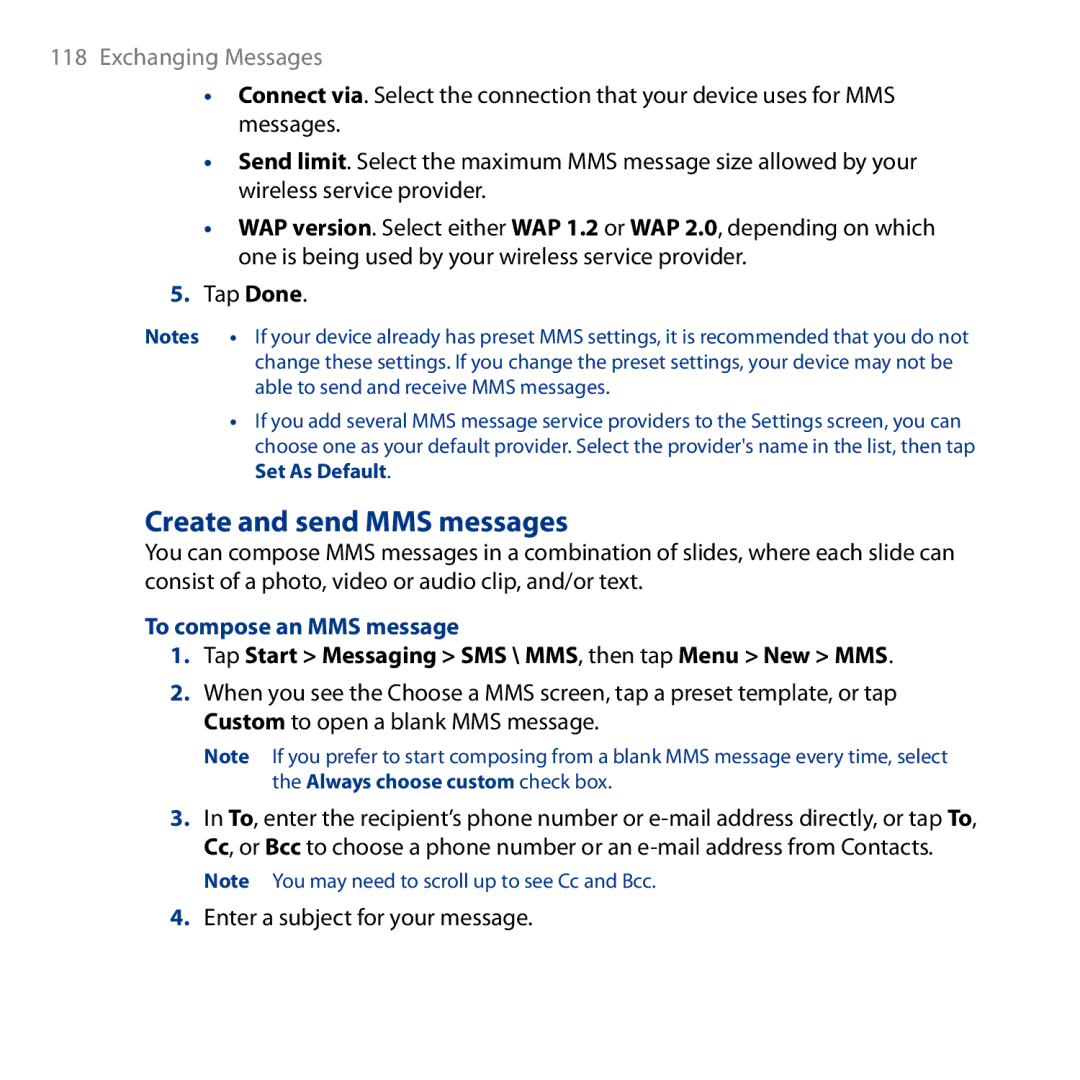 HTC HD Create and send MMS messages, To compose an MMS message, Tap Start Messaging SMS \ MMS, then tap Menu New MMS 