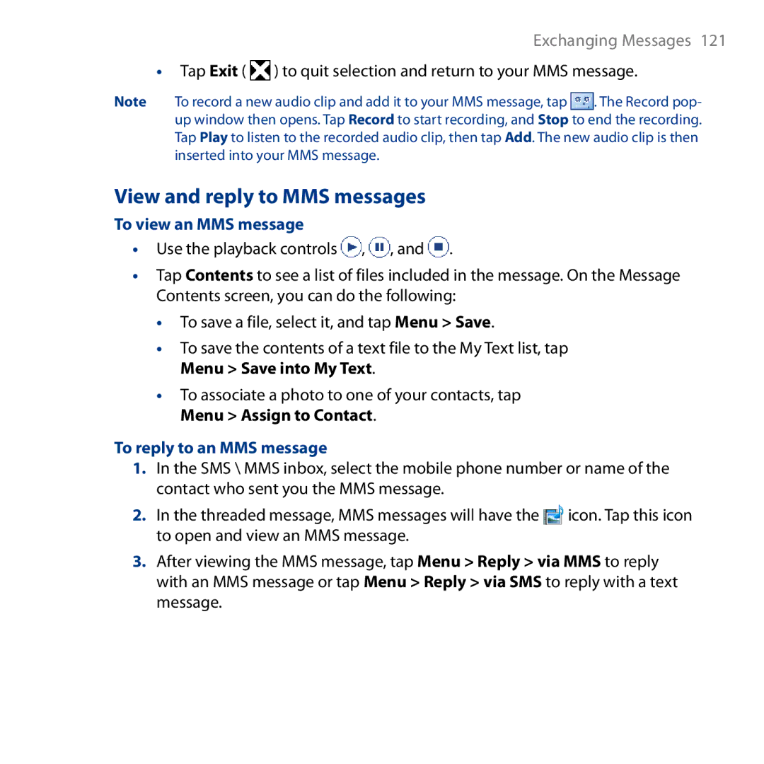HTC HD View and reply to MMS messages, Tap Exit to quit selection and return to your MMS message, To view an MMS message 