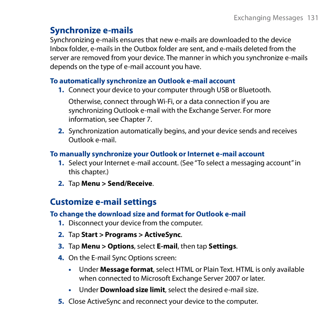 HTC HD user manual Synchronize e-mails, Customize e-mail settings, To automatically synchronize an Outlook e-mail account 