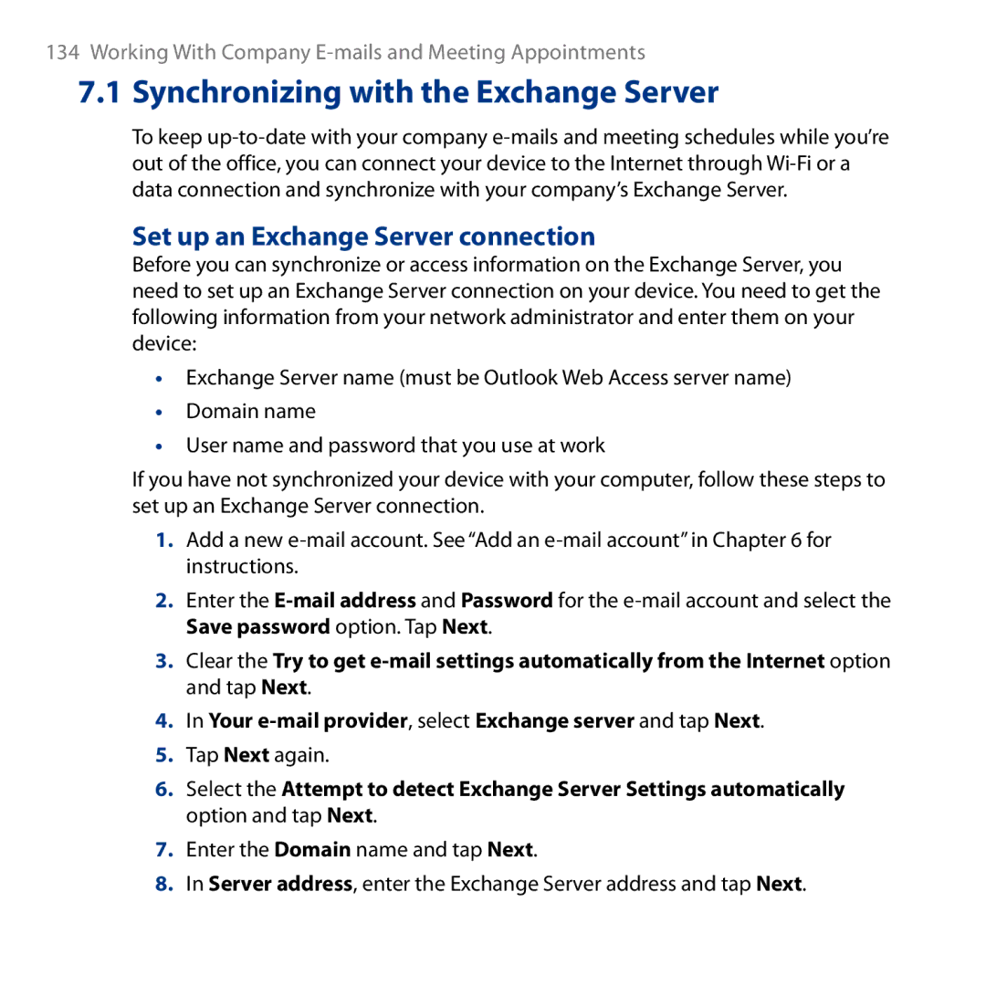 HTC HD user manual Synchronizing with the Exchange Server, Set up an Exchange Server connection, Tap Next again 