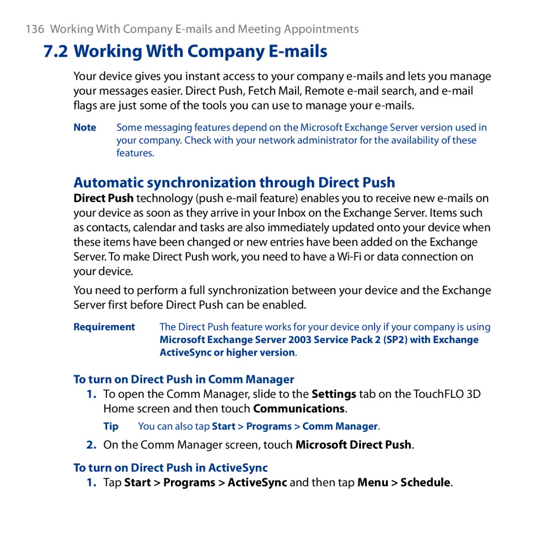 HTC HD user manual Automatic synchronization through Direct Push, To turn on Direct Push in Comm Manager 