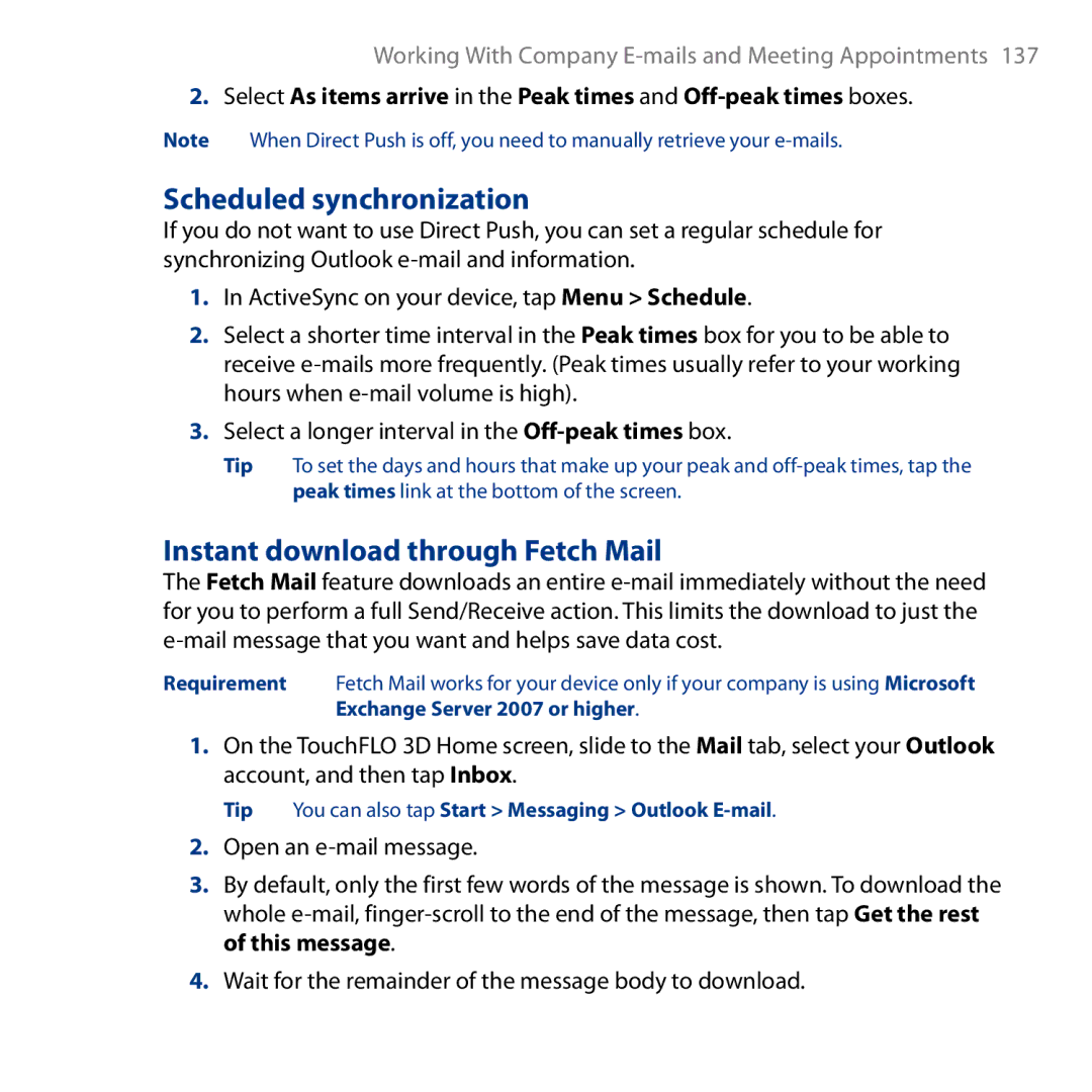 HTC HD user manual Scheduled synchronization, Instant download through Fetch Mail 