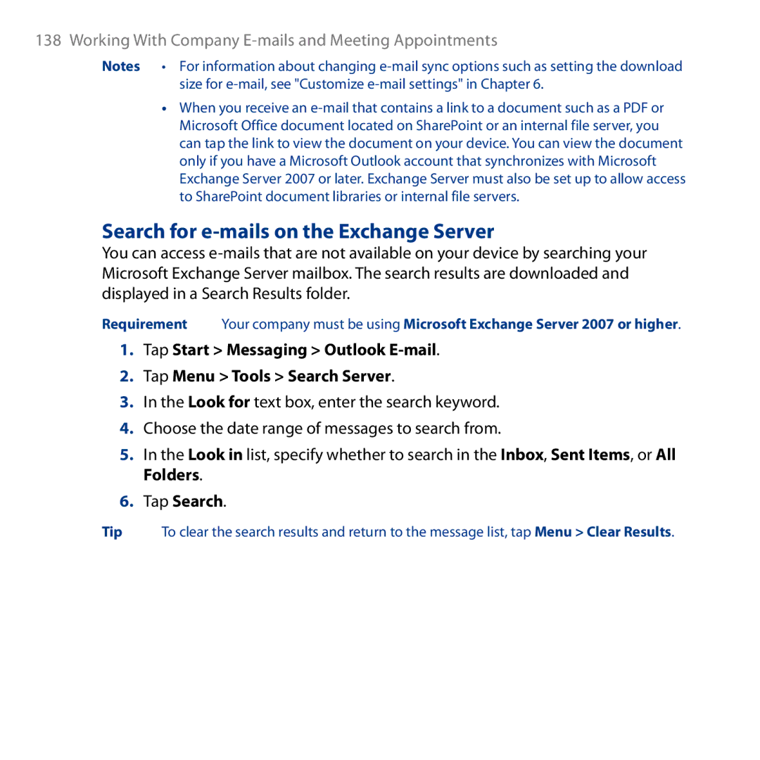 HTC HD user manual Search for e-mails on the Exchange Server, Tap Search 
