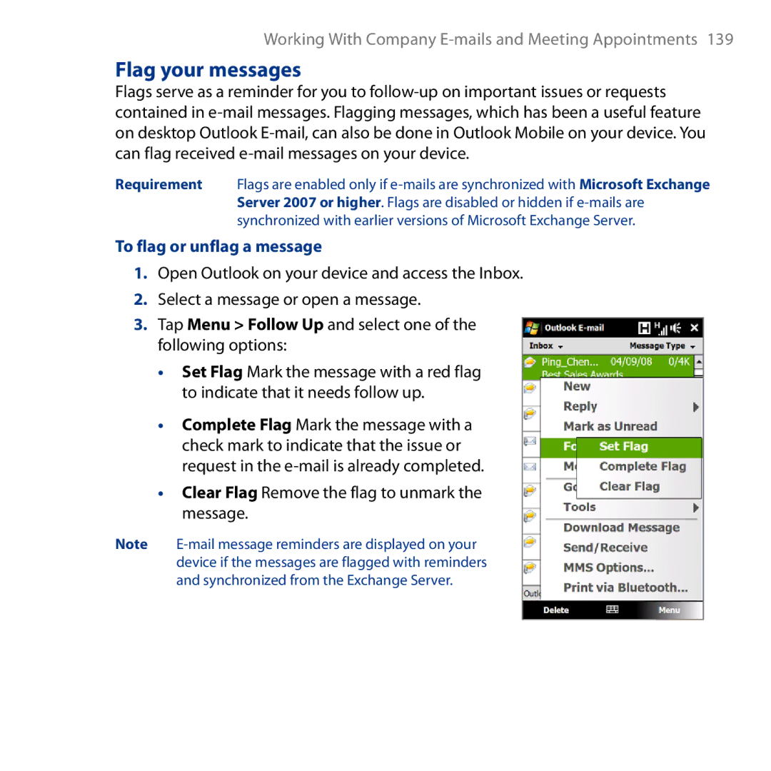 HTC HD user manual Flag your messages, To flag or unflag a message, Clear Flag Remove the flag to unmark the message 