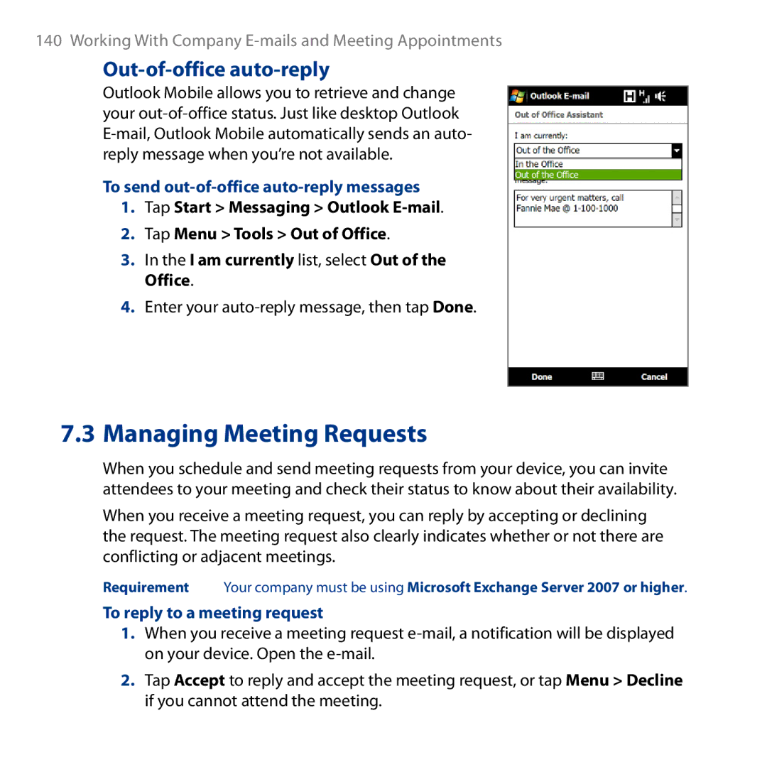 HTC HD user manual Out-of-office auto-reply, To send out-of-office auto-reply messages, To reply to a meeting request 