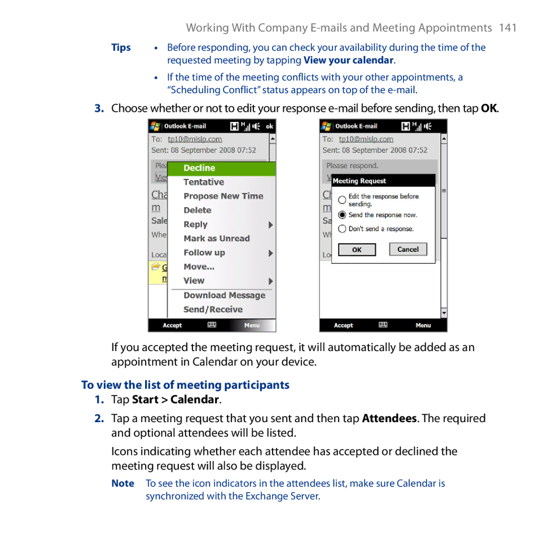 HTC HD user manual To view the list of meeting participants, Tap Start Calendar 