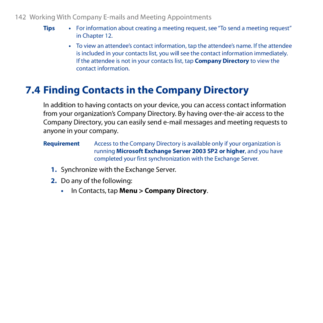 HTC HD user manual Synchronize with the Exchange Server Do any of the following, Contacts, tap Menu Company Directory 