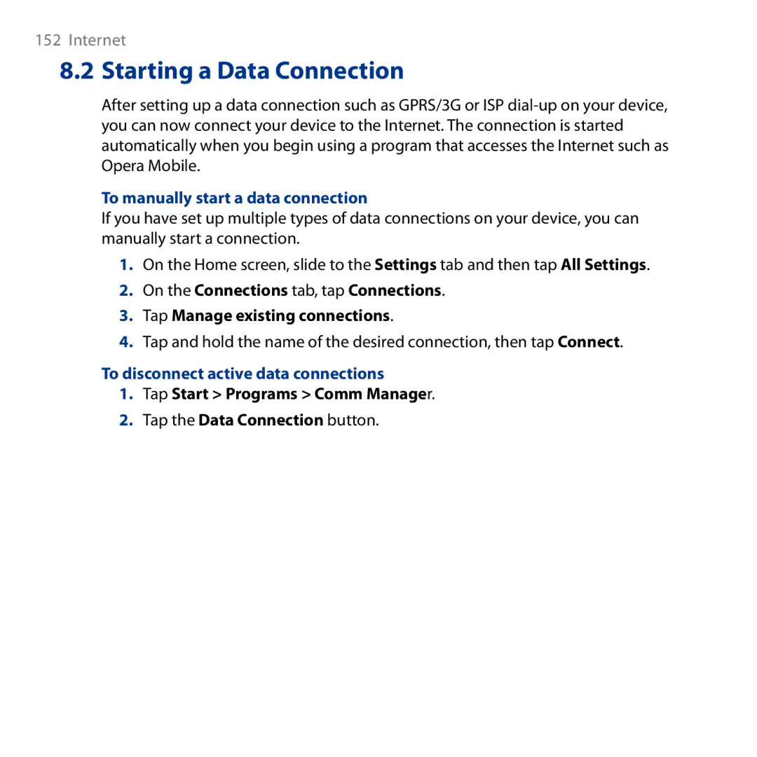 HTC HD user manual To manually start a data connection, To disconnect active data connections 