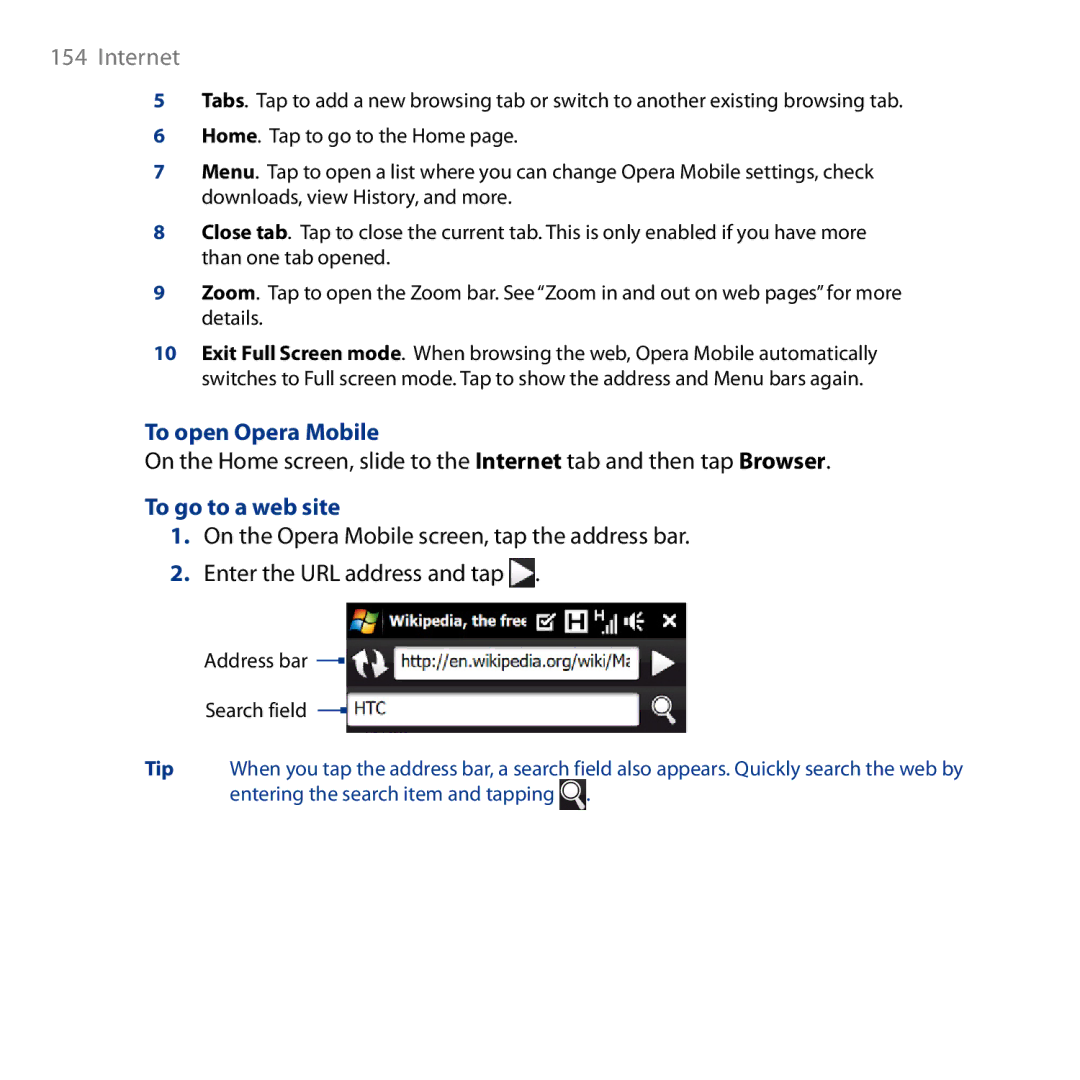 HTC HD user manual To open Opera Mobile, To go to a web site 
