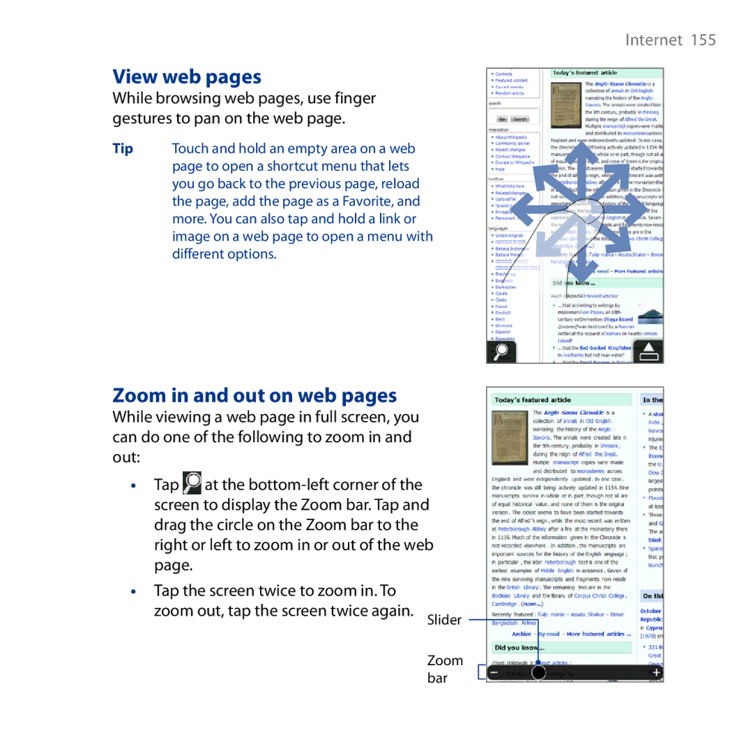 HTC HD user manual View web pages, Zoom in and out on web pages 