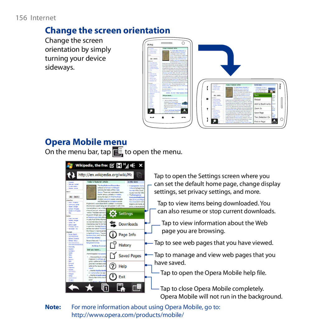 HTC HD user manual Change the screen orientation, Opera Mobile menu, On the menu bar, tap to open the menu 