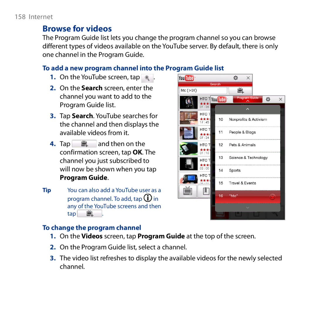 HTC HD Browse for videos, To add a new program channel into the Program Guide list, To change the program channel 