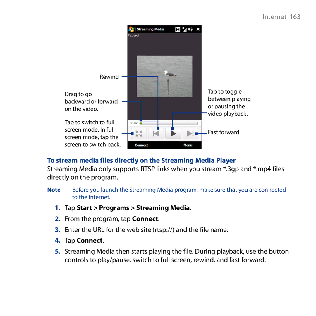 HTC HD user manual Tap Start Programs Streaming Media, Tap Connect 