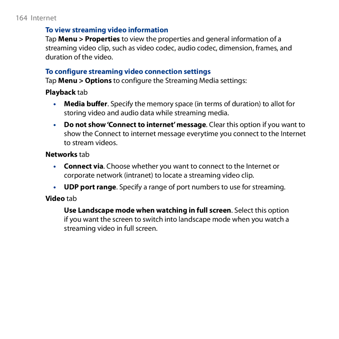 HTC HD user manual To view streaming video information, To configure streaming video connection settings, Playback tab 