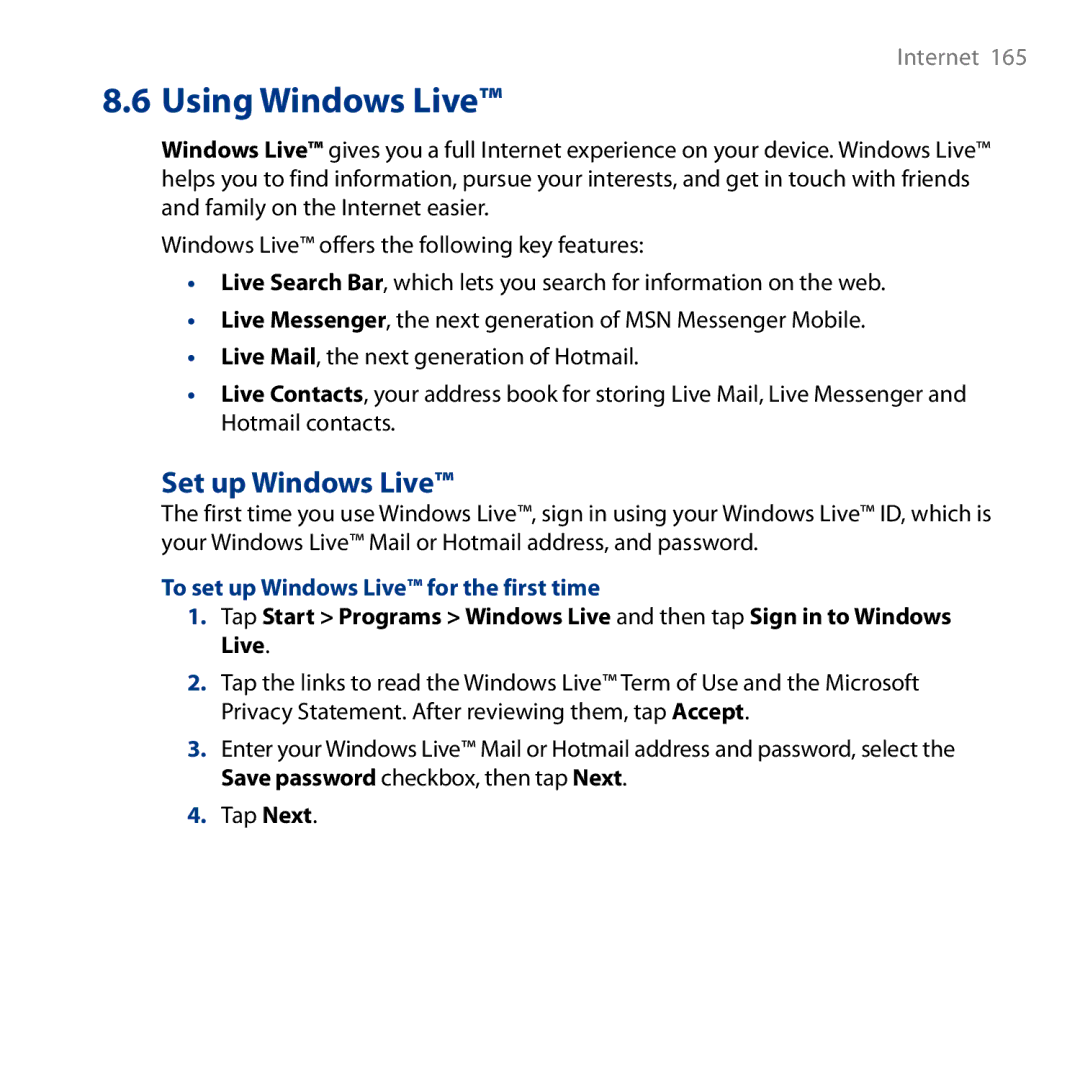 HTC HD user manual Set up Windows Live, To set up Windows Live for the first time 