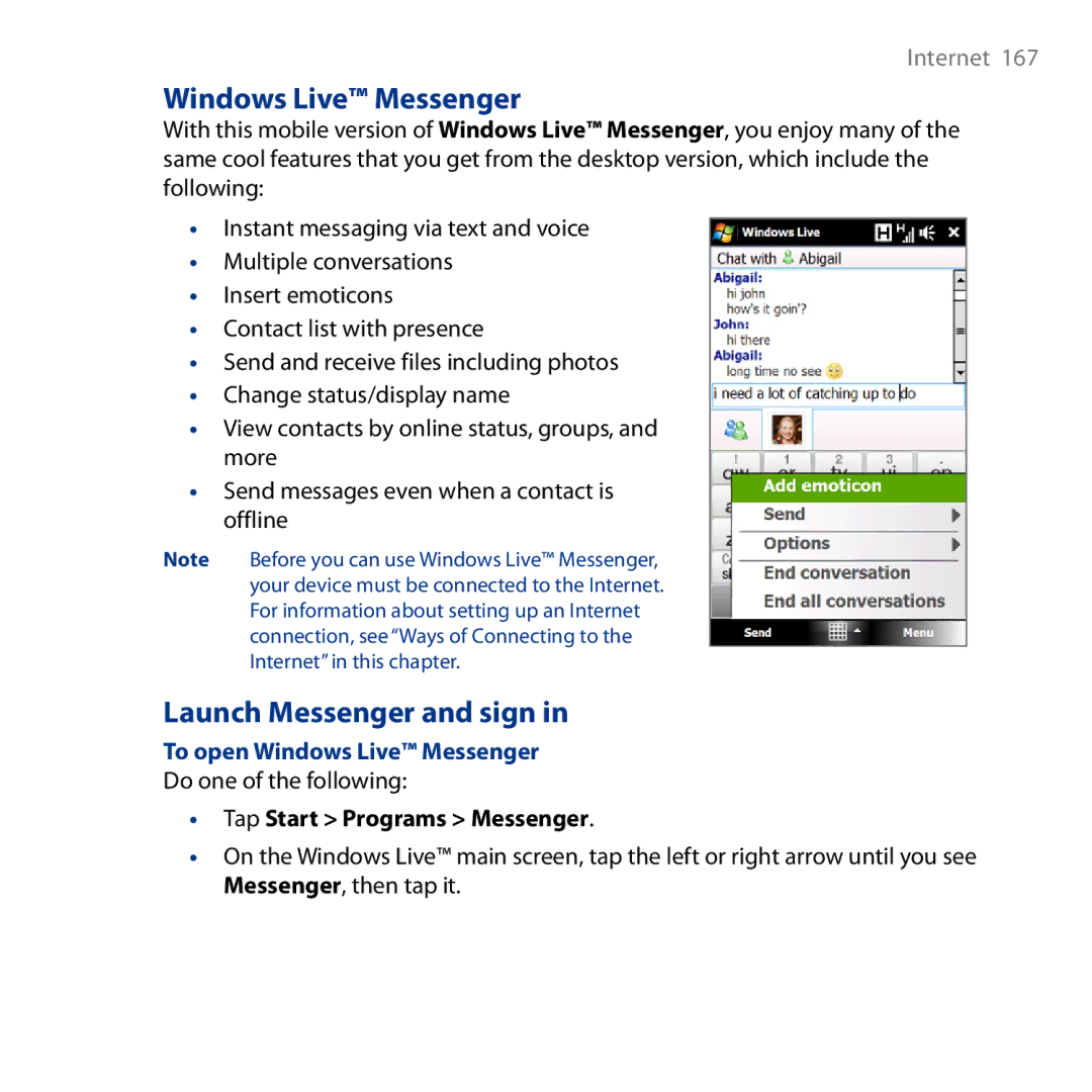 HTC HD user manual Launch Messenger and sign, To open Windows Live Messenger, Tap Start Programs Messenger 