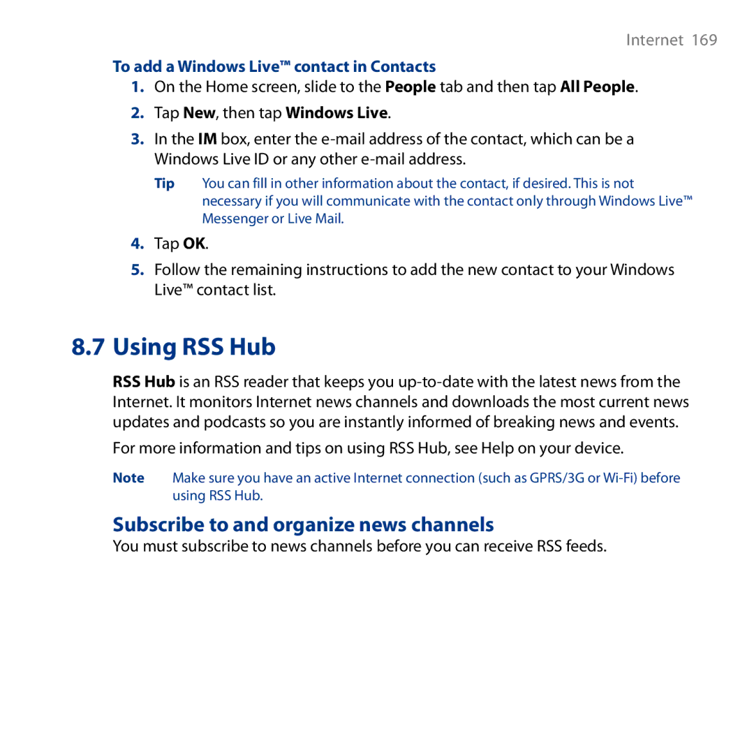 HTC HD user manual Subscribe to and organize news channels, To add a Windows Live contact in Contacts 