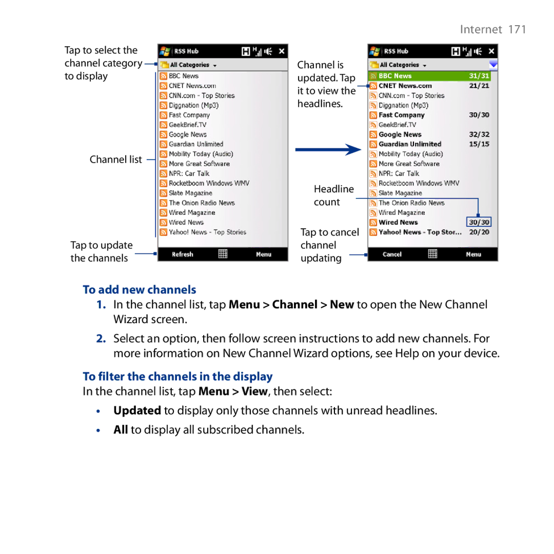 HTC HD user manual To add new channels, To filter the channels in the display 