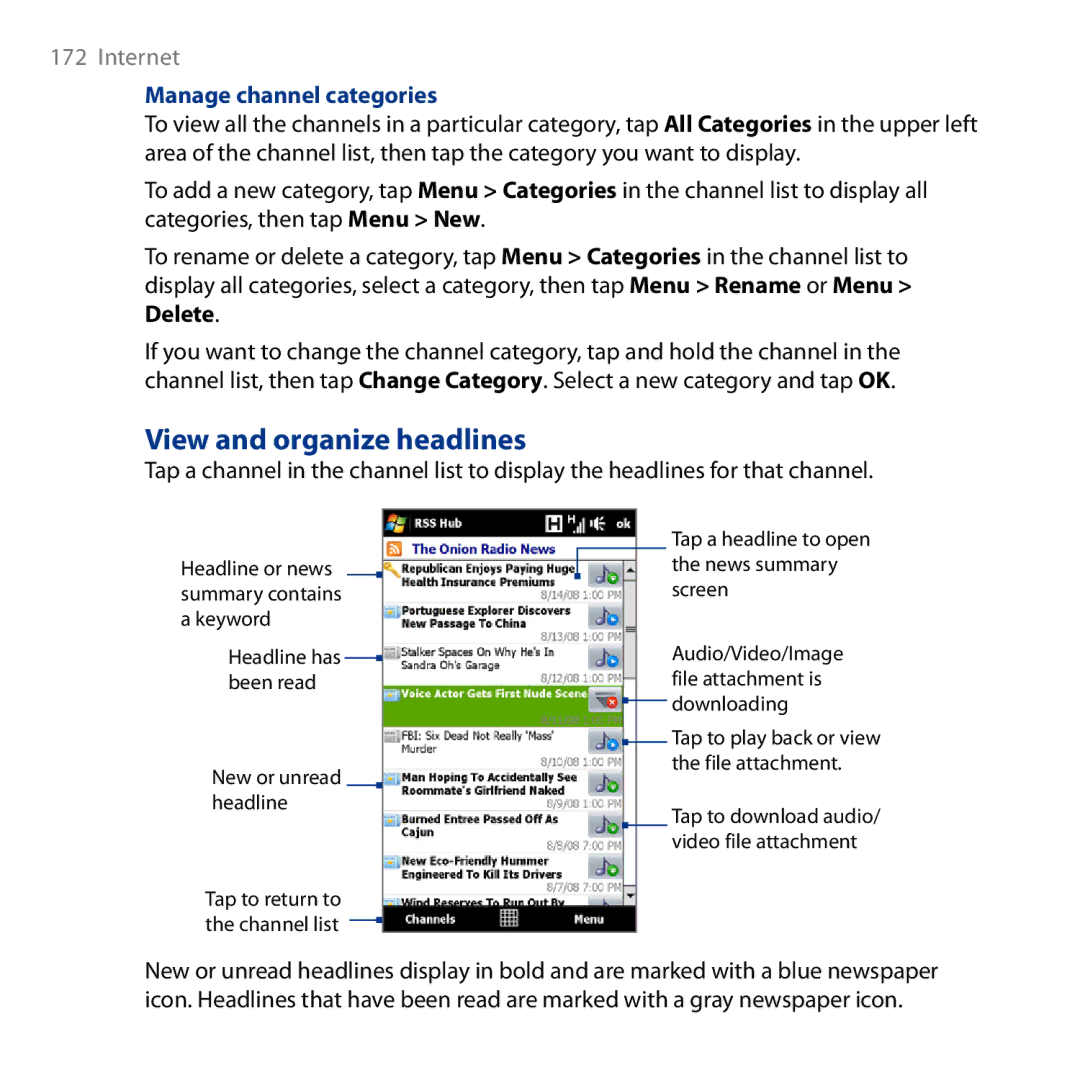 HTC HD user manual View and organize headlines, Manage channel categories 