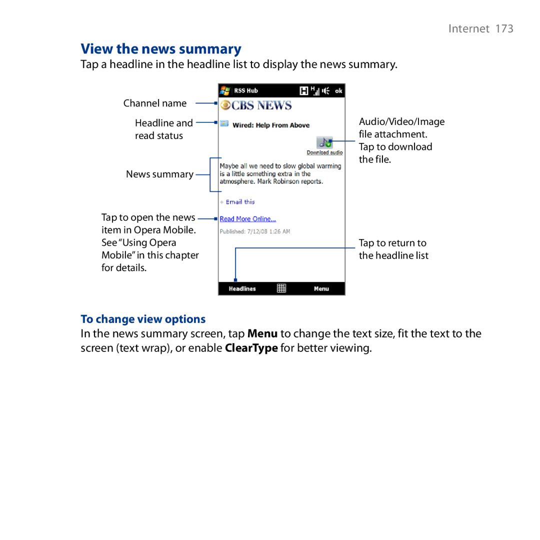 HTC HD user manual View the news summary, To change view options 