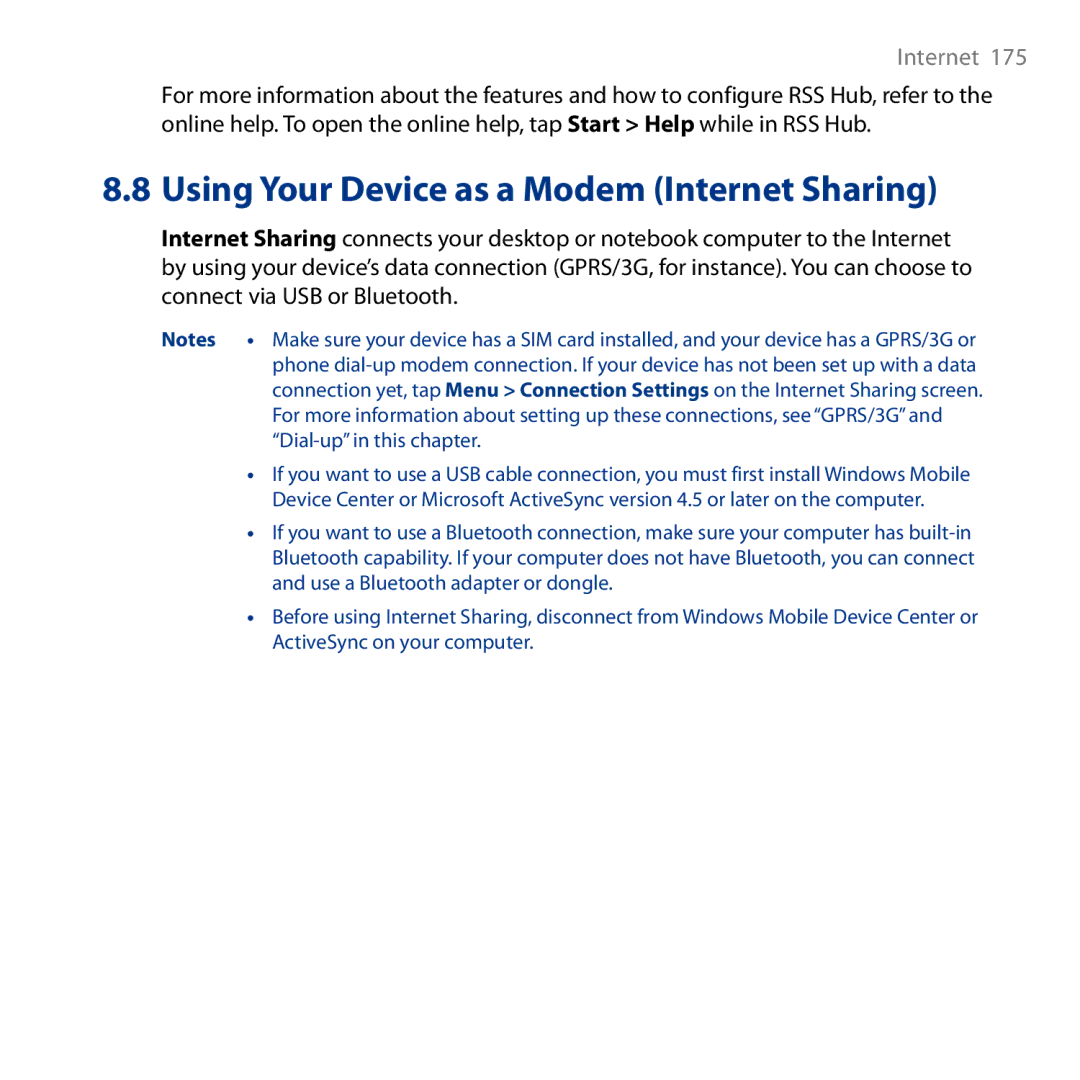 HTC HD user manual Using Your Device as a Modem Internet Sharing 