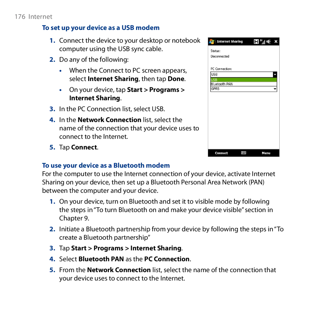 HTC HD user manual To set up your device as a USB modem, To use your device as a Bluetooth modem 