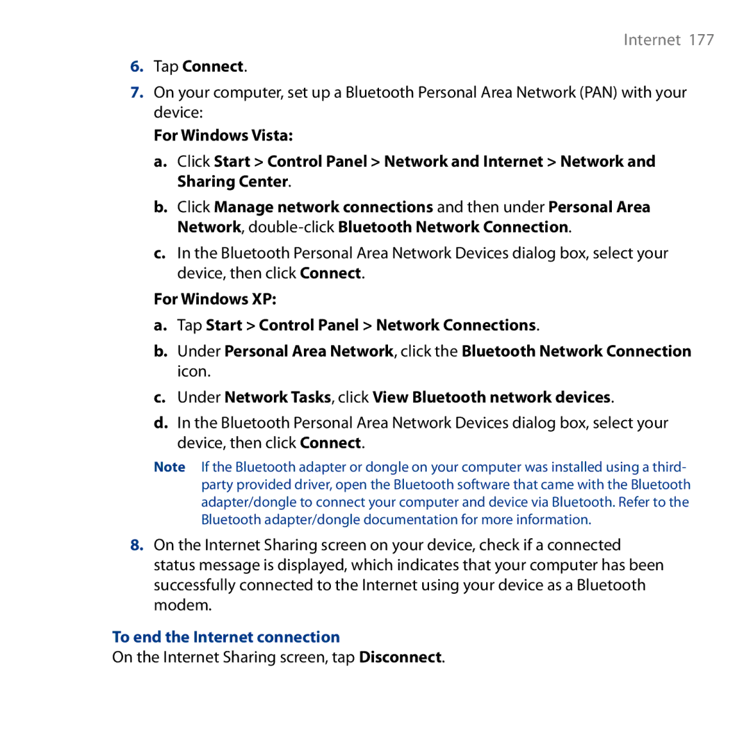 HTC HD user manual To end the Internet connection, On the Internet Sharing screen, tap Disconnect 