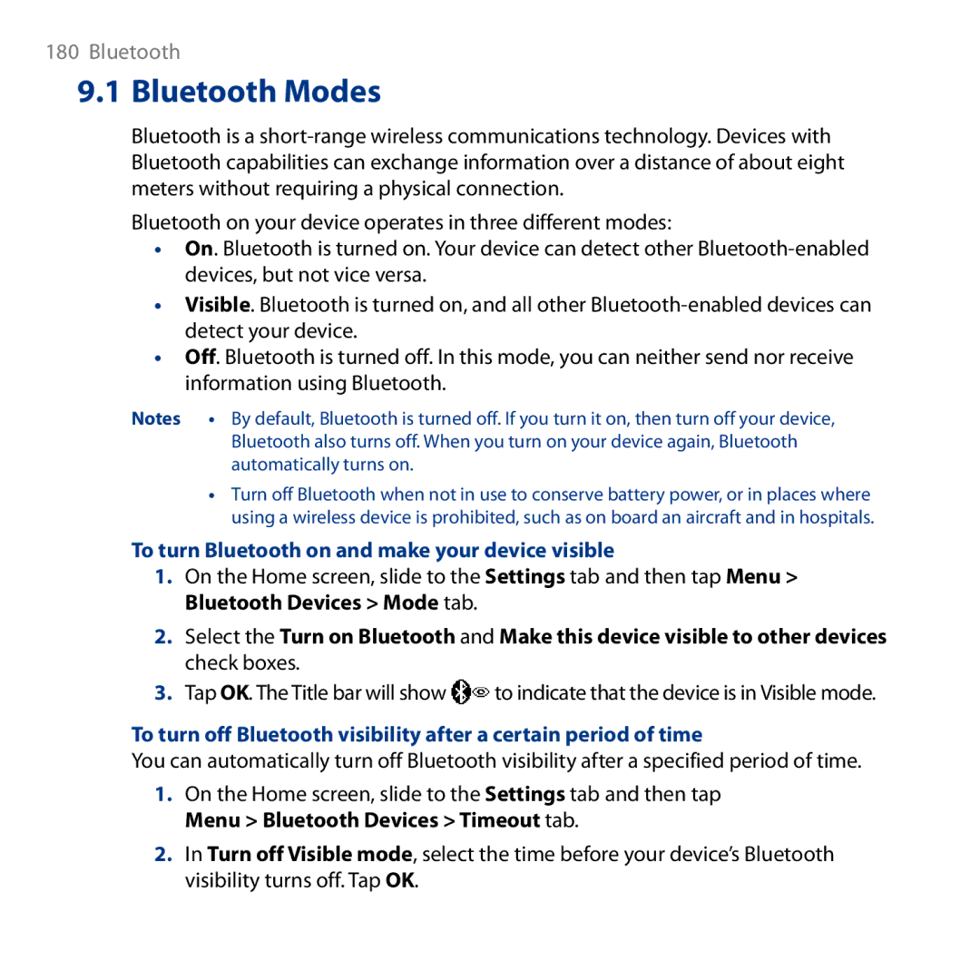 HTC HD user manual Bluetooth Modes, To turn Bluetooth on and make your device visible 