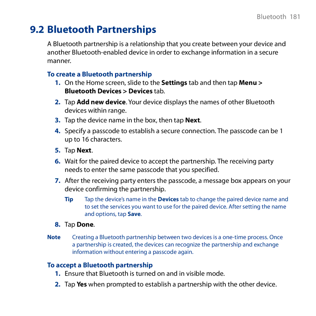 HTC HD user manual To create a Bluetooth partnership, To accept a Bluetooth partnership 