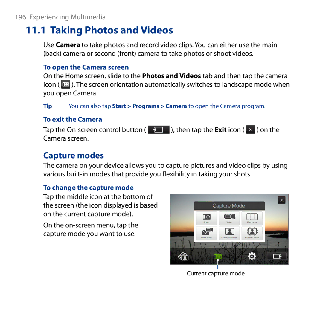 HTC HD Taking Photos and Videos, Capture modes, To open the Camera screen, To exit the Camera, To change the capture mode 