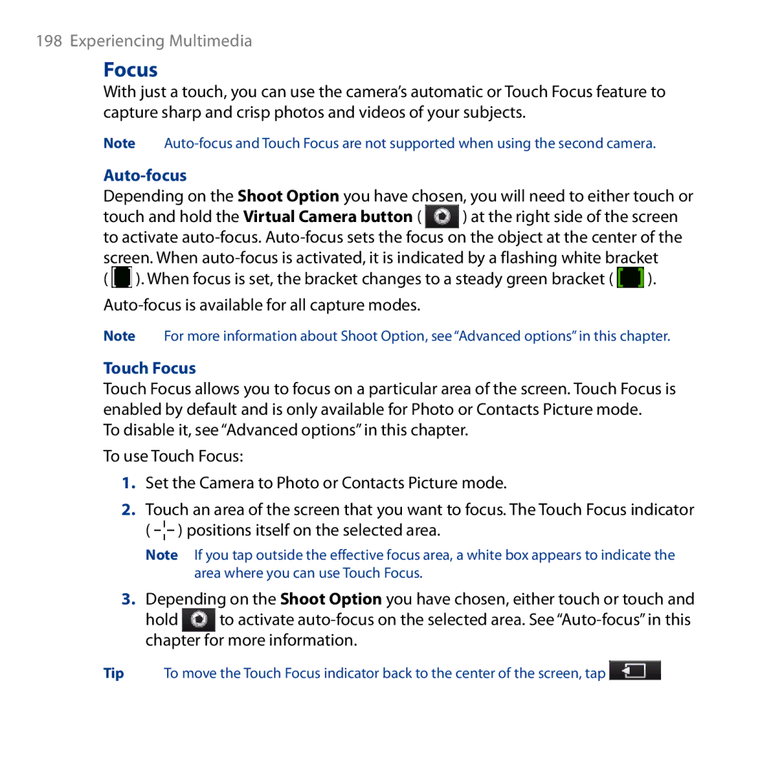 HTC HD user manual Auto-focus, Touch Focus 
