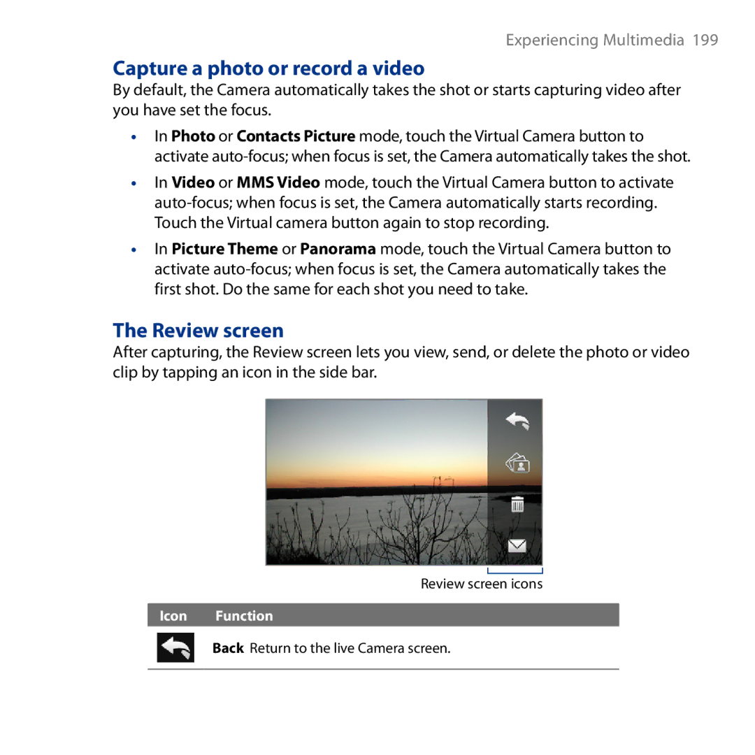 HTC HD user manual Capture a photo or record a video, Review screen 