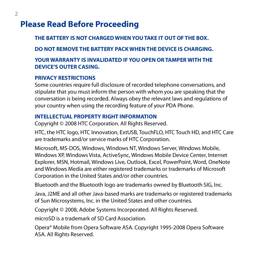 HTC HD user manual Please Read Before Proceeding 