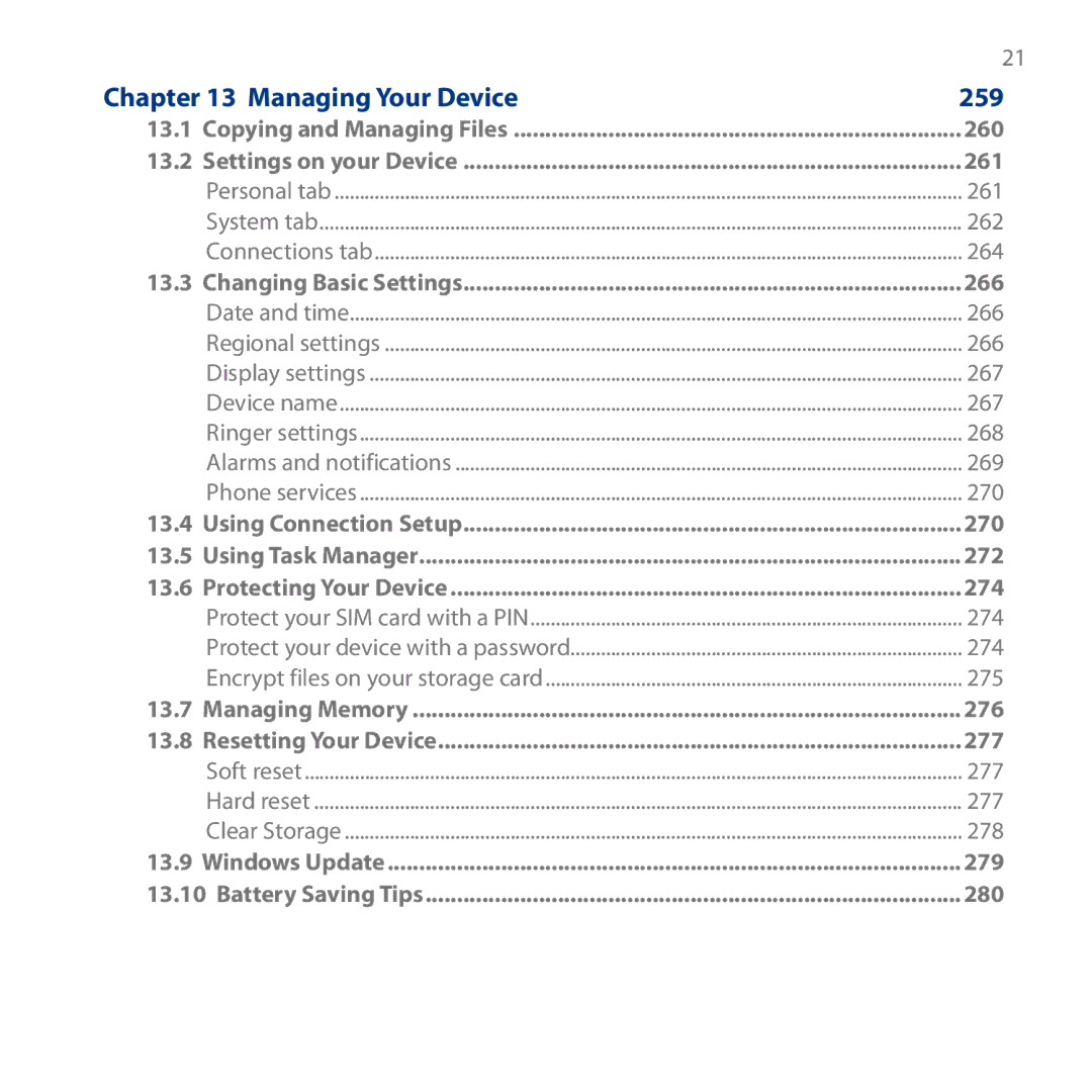 HTC HD user manual Managing Your Device, 259 