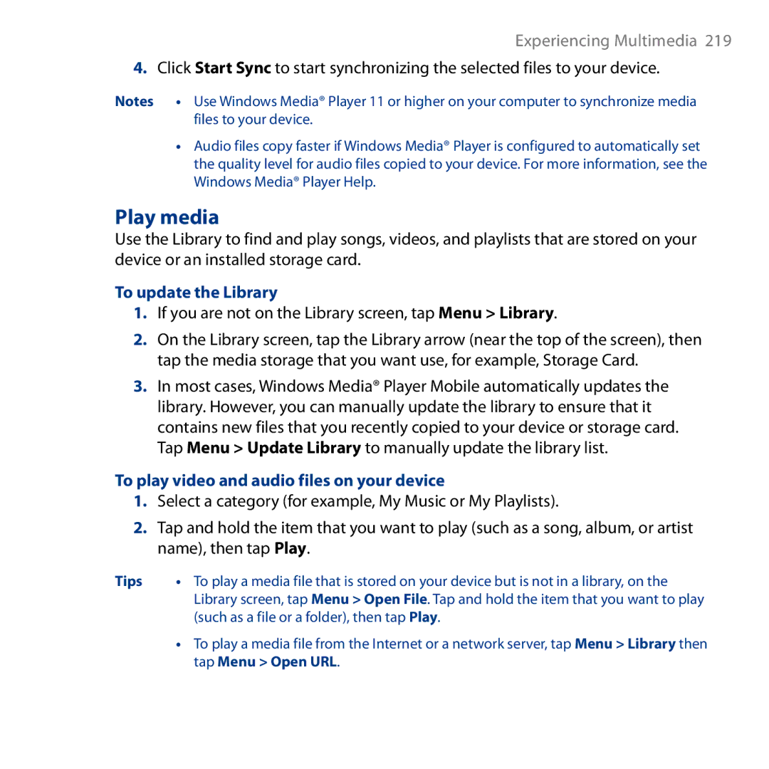 HTC HD user manual Play media, To update the Library, If you are not on the Library screen, tap Menu Library 