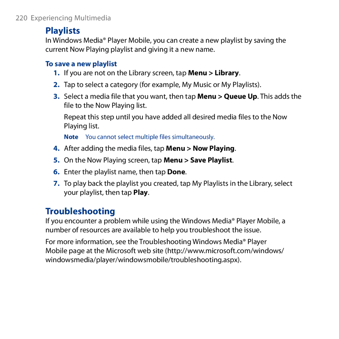 HTC HD user manual Playlists, Troubleshooting, To save a new playlist 