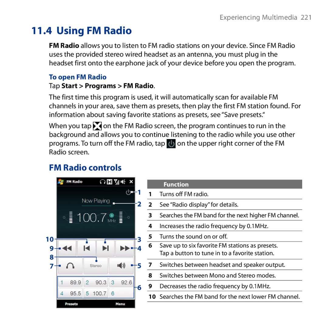 HTC HD user manual FM Radio controls, To open FM Radio, Tap Start Programs FM Radio 