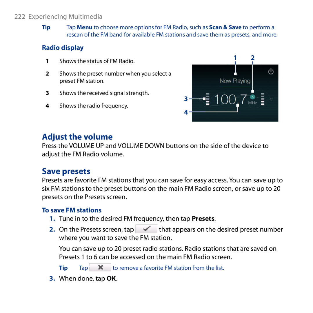 HTC HD user manual Adjust the volume, Save presets, Radio display, To save FM stations, When done, tap OK 