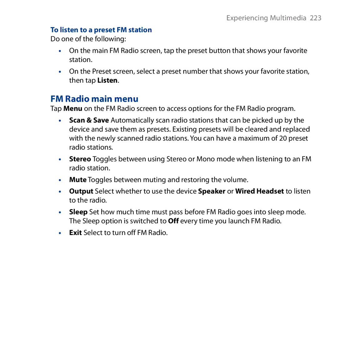 HTC HD user manual FM Radio main menu, To listen to a preset FM station, Exit Select to turn off FM Radio 