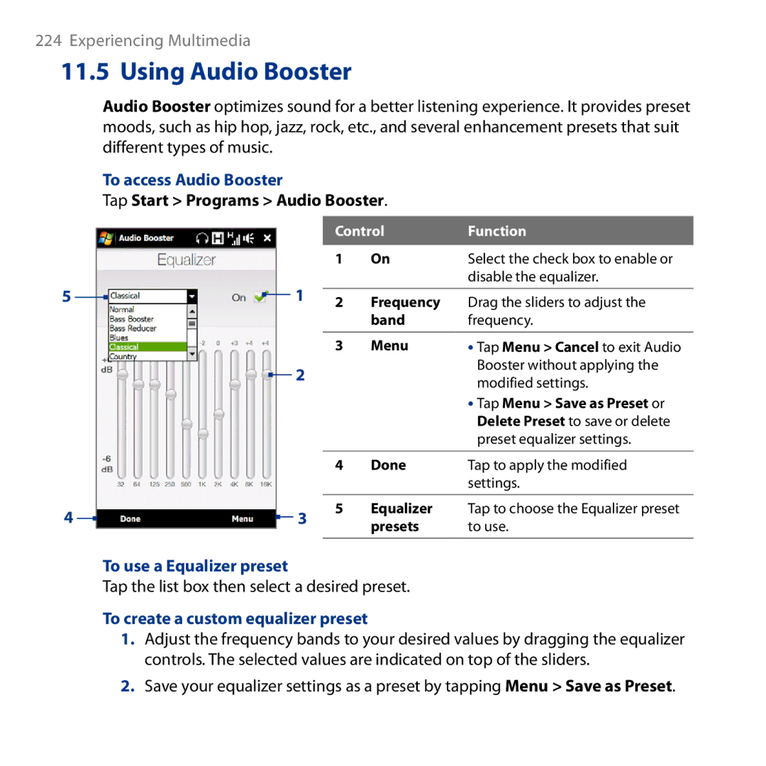 HTC HD user manual To access Audio Booster, Tap Start Programs Audio Booster, To use a Equalizer preset 