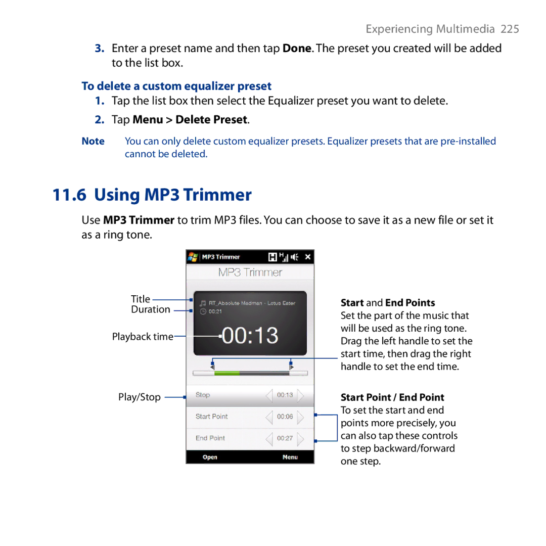 HTC HD user manual To delete a custom equalizer preset, Tap Menu Delete Preset 