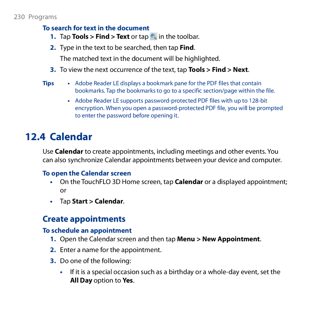 HTC HD user manual Create appointments, To search for text in the document, To open the Calendar screen 