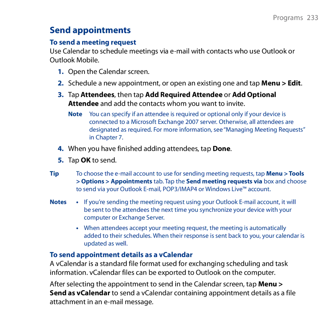 HTC HD user manual Send appointments, To send a meeting request, To send appointment details as a vCalendar 