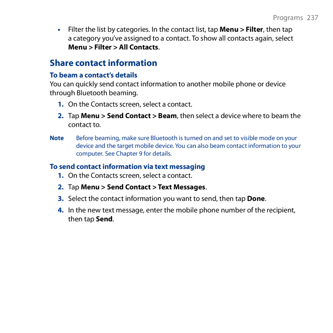 HTC HD user manual Share contact information, To beam a contact’s details, To send contact information via text messaging 