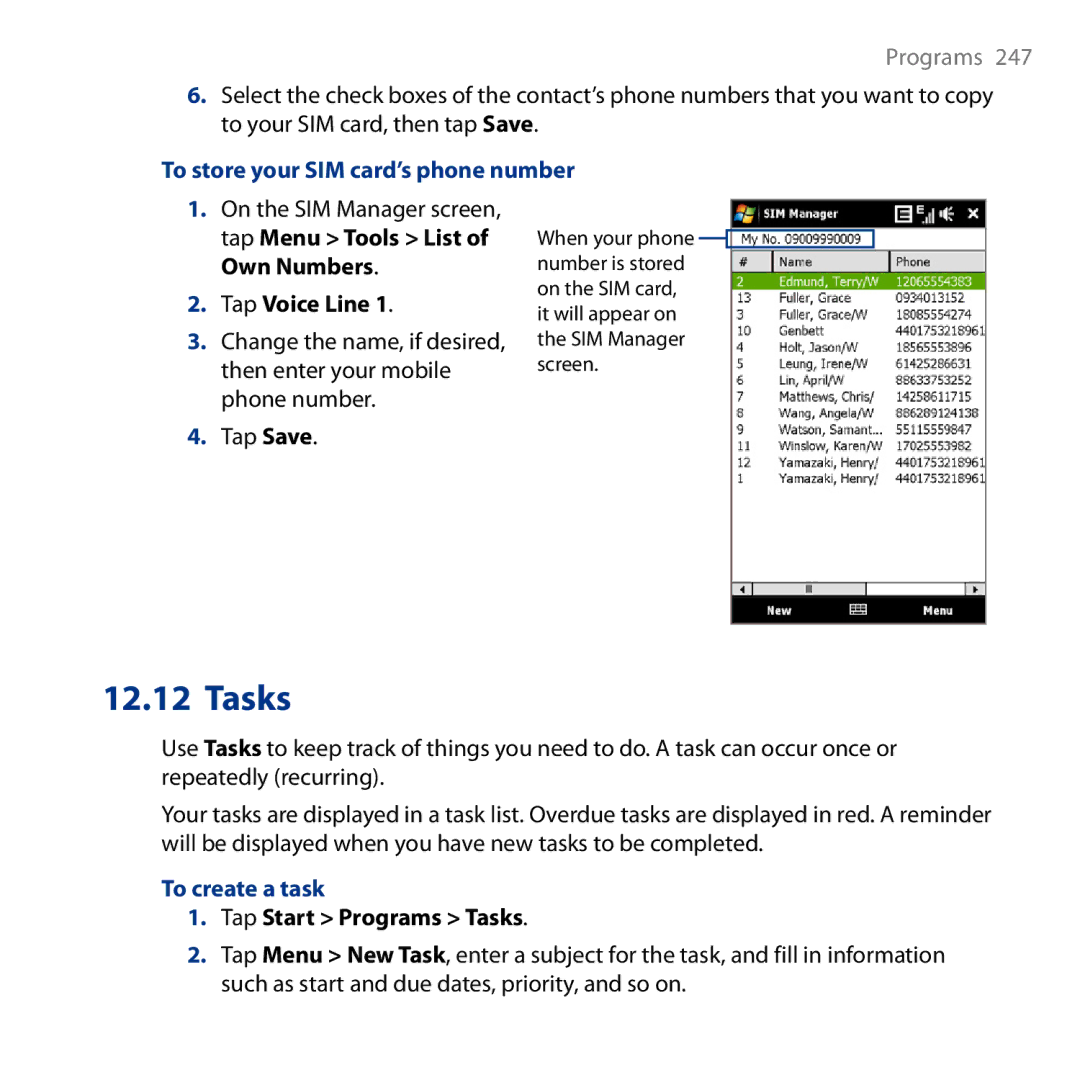 HTC HD user manual Tasks, To store your SIM card’s phone number, To create a task 