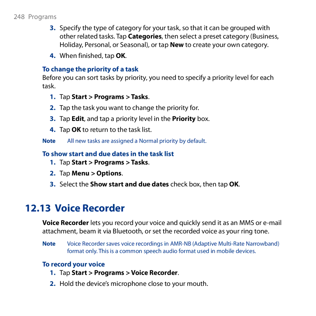 HTC HD user manual Voice Recorder, To change the priority of a task, To show start and due dates in the task list 