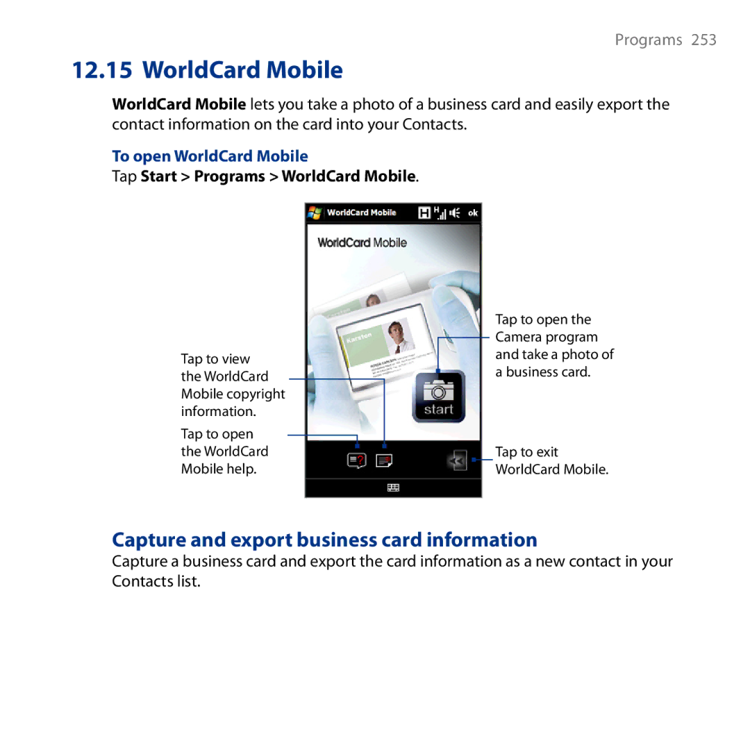 HTC HD Capture and export business card information, To open WorldCard Mobile, Tap Start Programs WorldCard Mobile 