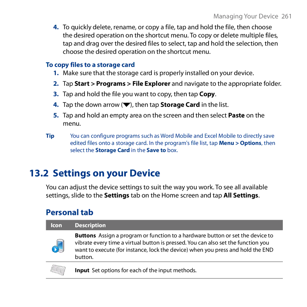 HTC HD user manual Personal tab, To copy files to a storage card 