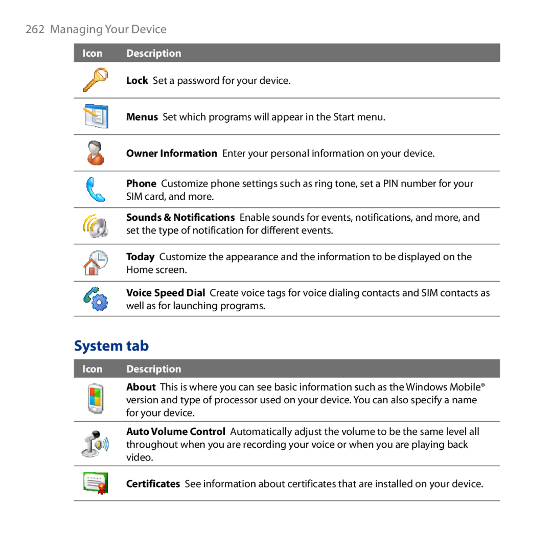 HTC HD user manual System tab 